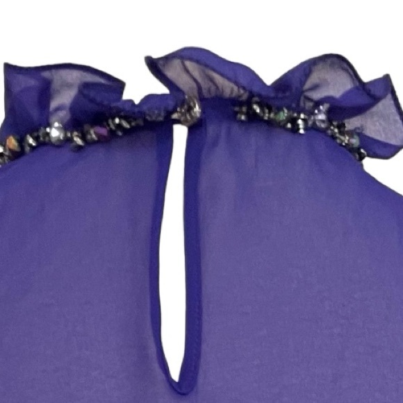 Purple Sheer Ruffled high neck blouse with rhinestone collar detail. Size M. - Picture 5 of 10